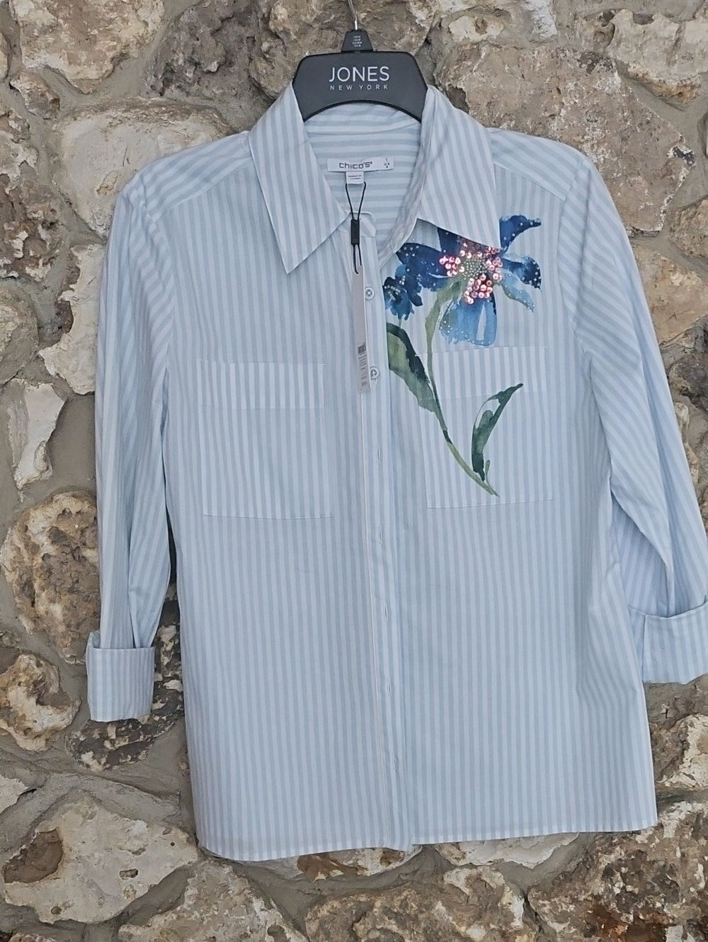 Chico's Light Blue Striped Button-Up with Blue Floral Applique
